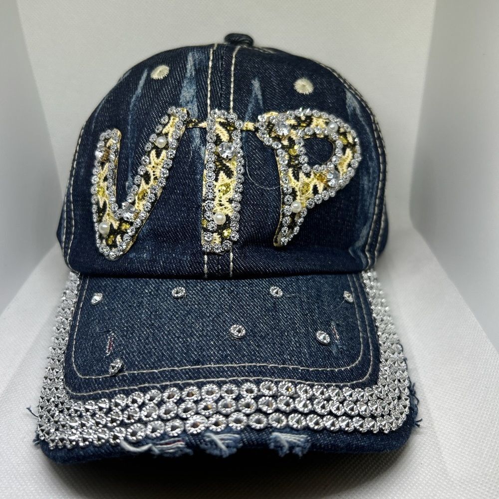 VIP Rhinestone Denim Baseball Cap – Bling Studded Jeweled Hat - Picture 2 of 6